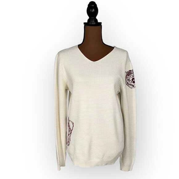 CM White Waffle Texture Long Sleeve Pullover Top White with Knit Tigers Women’s - Picture 1 of 10